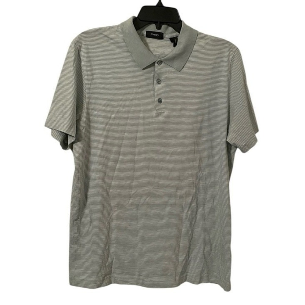 Theory‎ Men's Mint Green White Striped Cotton Quarter Collared Polo Shirt Size L